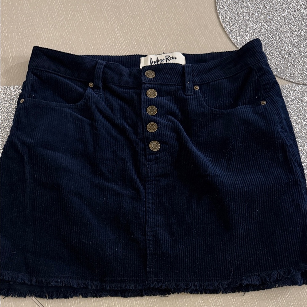 Juniors size 7 Indigo Rein Navy Corduroy Mini Skirt with frayed hem